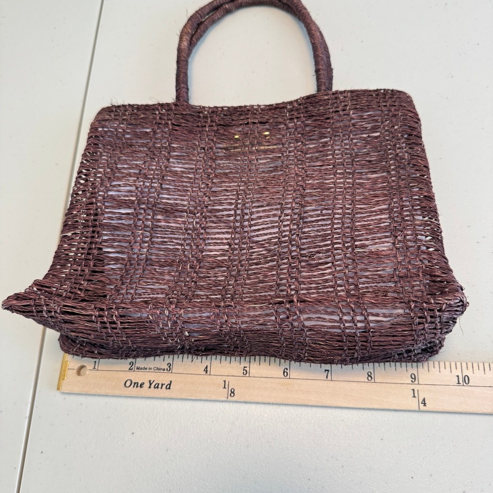 Vintage 90s J.Crew Straw Tote Bag Brown Pink Eyelet Interior Raffia Coastal Boho - Picture 8 of 11